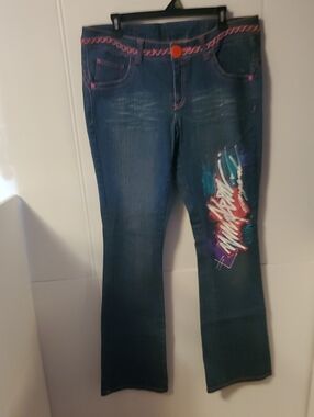 Miskeen Originals Women's Dark Wash Bootcut Stretch Denim Jeans Pink Detailing